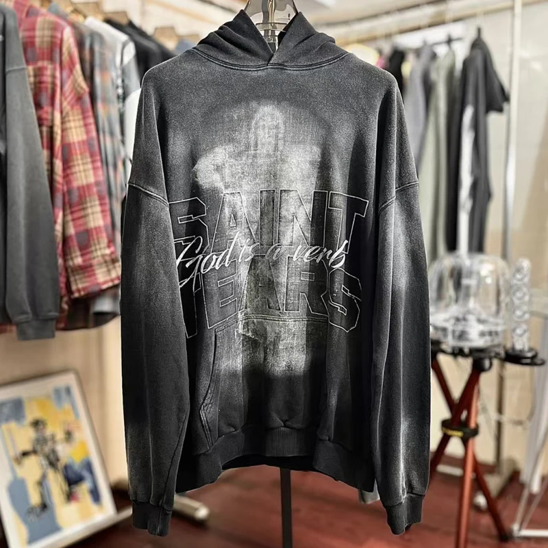 24ss осень-зима, новые мужские и женские свободные толстовки с капюшоном SAINT, винтажные потертые толстовки с капюшоном и принтом старых букв
24ss осень-зима, новые мужские и женские свободные толстовки с капюшоном SAINT, винтажные потертые толстовки с капюшоном и принтом старых букв