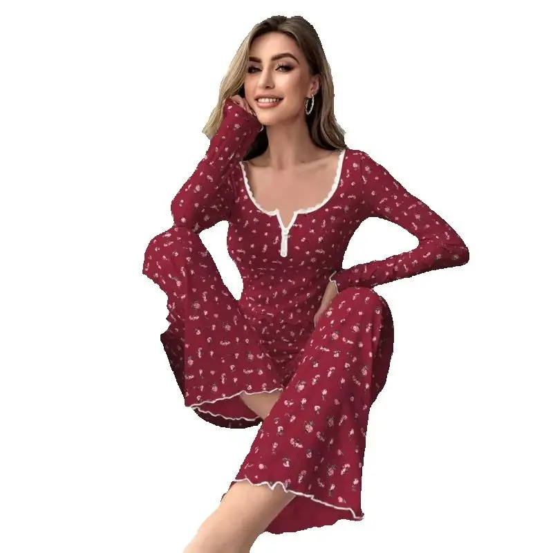 SURI Women's Floral Print Sleepwear Long Sleeve Lettuce Trim Top with Long Pants Full Sleeve Nightwear Autumn Pajamas Set
SURI Women's Floral Print Sleepwear Long Sleeve Lettuce Trim Top with Long Pants Full Sleeve Nightwear Autumn Pajamas Set