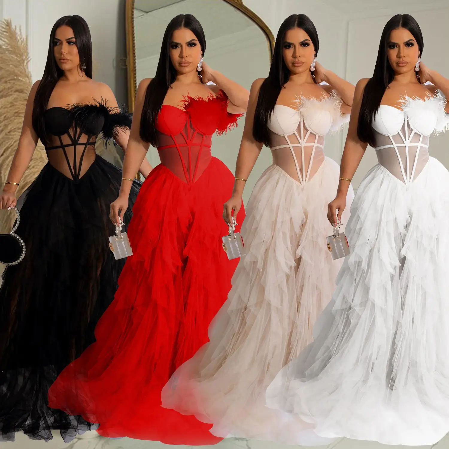 X6223 European and American fashion women's clothing solid color sleeveless chest-wrapped mesh dress dress
X6223 European and American fashion women's clothing solid color sleeveless chest-wrapped mesh dress dress