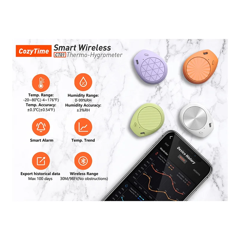 Smart Indoor Bluetooth Mini Humidity and Temperature Sensor Wireless Thermo Hygrometer for Cigar Cabinet Reptile(C) XQ
Smart Indoor Bluetooth Mini Humidity and Temperature Sensor Wireless Thermo Hygrometer for Cigar Cabinet Reptile(C) XQ