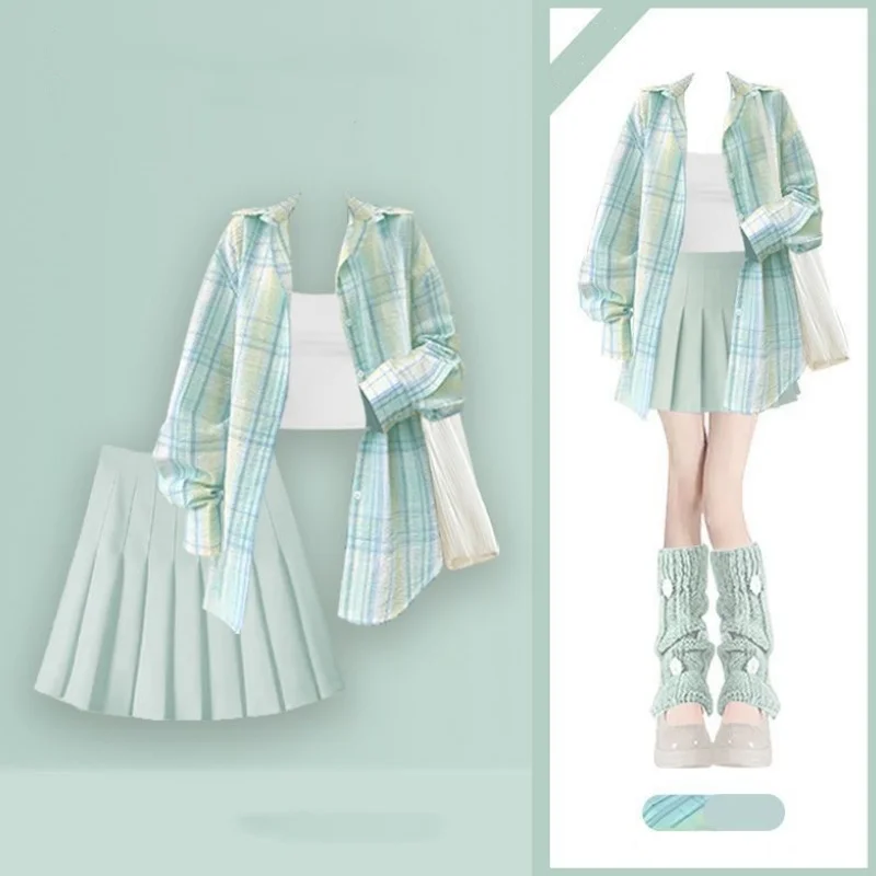 2025 Spring Summer Green Plaid Loose Shirts Sling Mini Pleated Skirts Three Piece Set Women Preppy Style Blouse Tops Skirt Suits
2025 Spring Summer Green Plaid Loose Shirts Sling Mini Pleated Skirts Three Piece Set Women Preppy Style Blouse Tops Skirt Suits