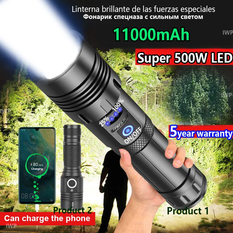 770000LM 500W Led Most Powerful Flashlight 18650 XHP50 USB Rechargeable High power Torch light 10000mAh Tactical Lantern lamp
770000LM 500W Led Most Powerful Flashlight 18650 XHP50 USB Rechargeable High power Torch light 10000mAh Tactical Lantern lamp