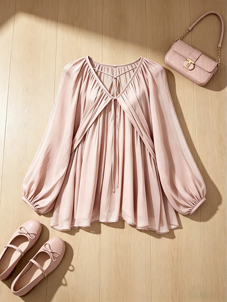 Unique Pink V-Neck Bow-Tied Chiffon Shirt Women's Summer 2026 New Bubble Sleeve Gentle Style Top Cleanfit Loose Polyester Fiber
Unique Pink V-Neck Bow-Tied Chiffon Shirt Women's Summer 2026 New Bubble Sleeve Gentle Style Top Cleanfit Loose Polyester Fiber