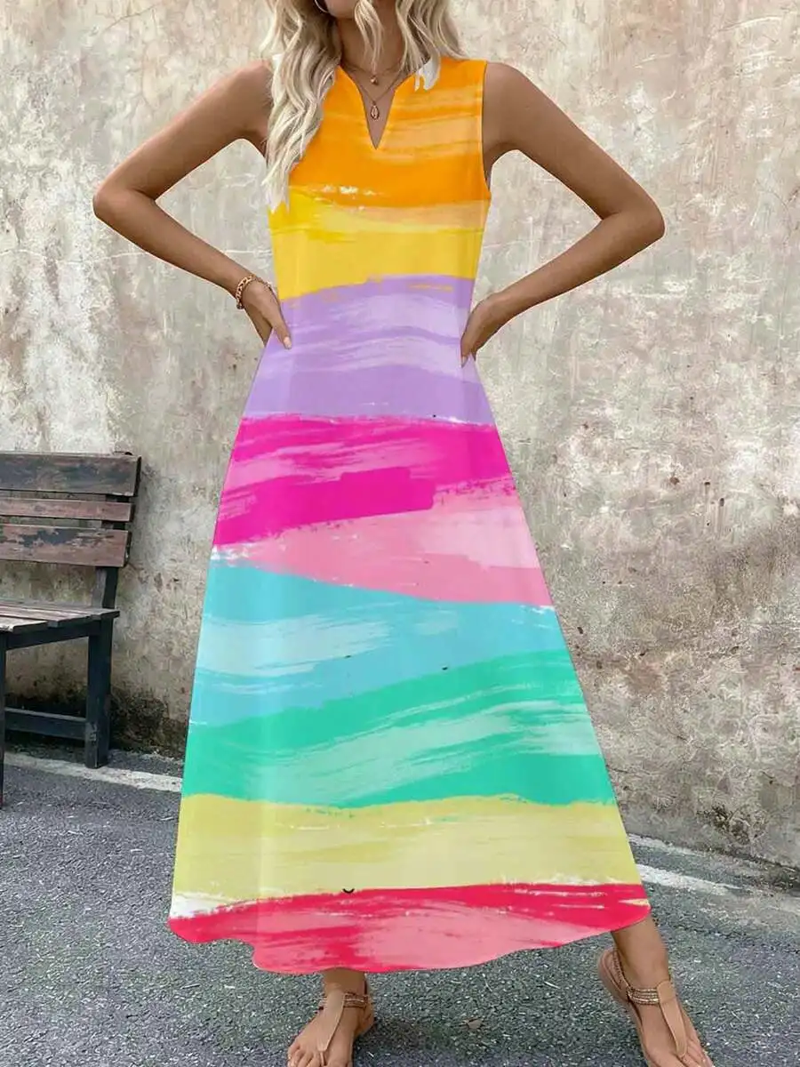 Colorful Sleeveless Maxi Dress Rainbow Stripe Print Summer Beach Vacation Wear
Colorful Sleeveless Maxi Dress Rainbow Stripe Print Summer Beach Vacation Wear