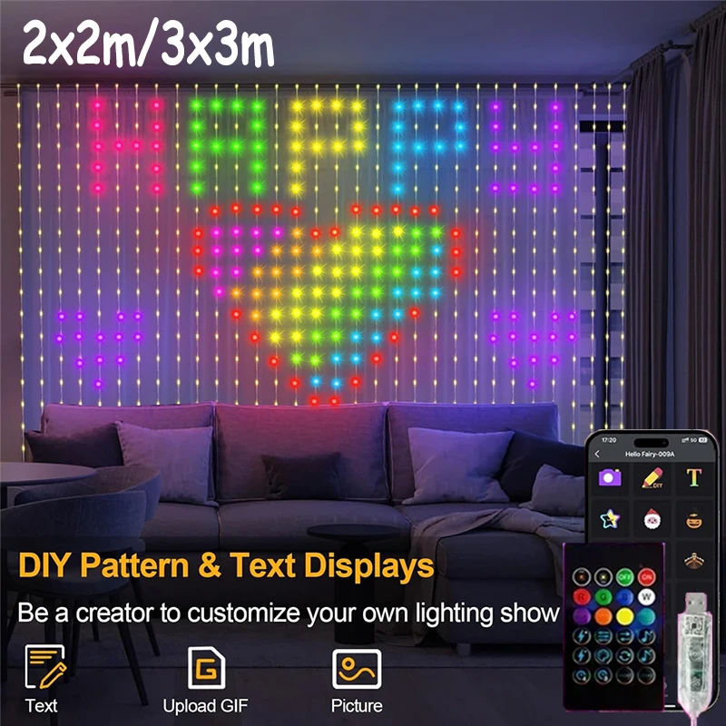 Smart RGB LED Curtain Lights RGB LED String Light AppControl USB DIY Text Animation Display Music Sync for Christmas Party Decor
Smart RGB LED Curtain Lights RGB LED String Light AppControl USB DIY Text Animation Display Music Sync for Christmas Party Decor