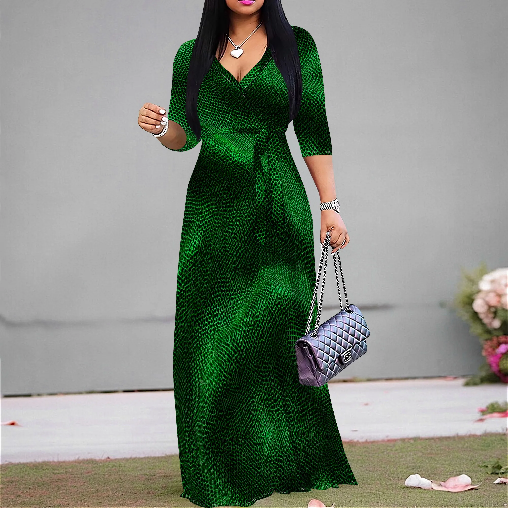 Elegant Women's Wrap Maxi Dress Emerald Green Snakeskin Print 3/4 Sleeve V-Neck Party Cocktail Dress S-3XL 
Elegant Women's Wrap Maxi Dress Emerald Green Snakeskin Print 3/4 Sleeve V-Neck Party Cocktail Dress S-3XL