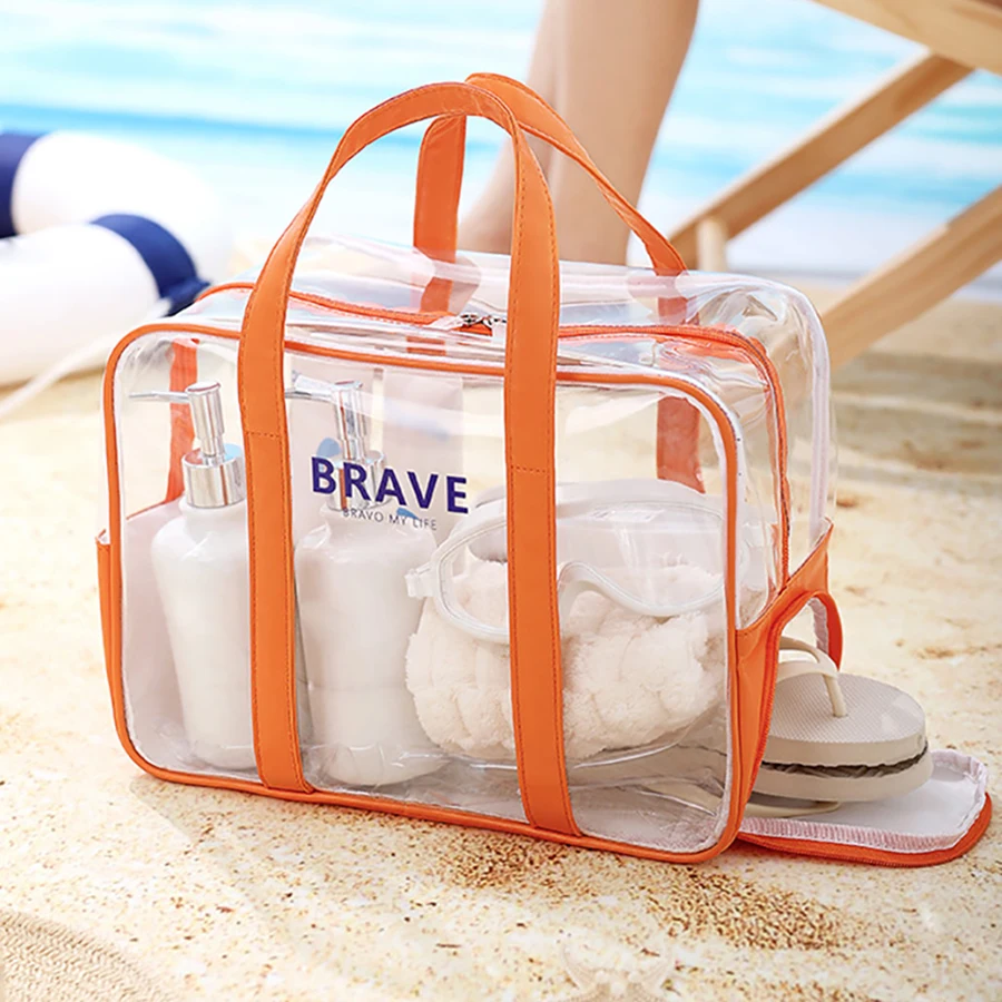 Large capacity waterproof PVC wash bag portable travel seaside vacation toiletries handheld beach bag
Large capacity waterproof PVC wash bag portable travel seaside vacation toiletries handheld beach bag