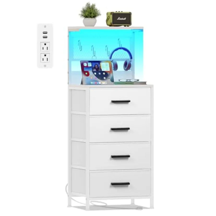 Nightstand 4 Drawer Dresser with LED Lights Charging Station Mesh Shelf with Hooks Vertical Side Table with Fabric Drawers End
Nightstand 4 Drawer Dresser with LED Lights Charging Station Mesh Shelf with Hooks Vertical Side Table with Fabric Drawers End