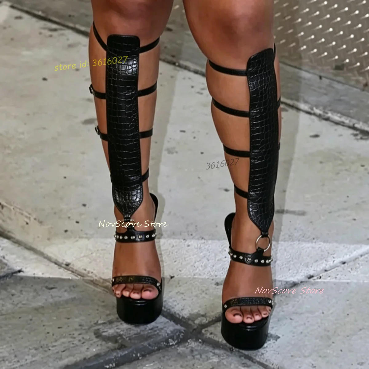 Black Studded Platform Sandals Cutouts Crocodile Print Leather Gladiator Knee High Sandals Open Toe Multi Belt Buckle Shoes
Black Studded Platform Sandals Cutouts Crocodile Print Leather Gladiator Knee High Sandals Open Toe Multi Belt Buckle Shoes