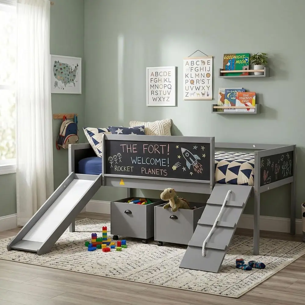 Low Loft Bed with Slide, Twin Size, Grey Wooden, Storage Boxes, Chalkboard for Kids
Low Loft Bed with Slide, Twin Size, Grey Wooden, Storage Boxes, Chalkboard for Kids