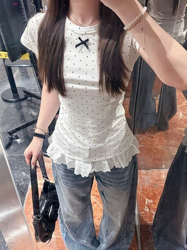 Polka Dot Ruffle Short Sleeve T-Shirt Women's Summer Slim Fit Shoulder Patchwork Casual Style Korean Design Top
Polka Dot Ruffle Short Sleeve T-Shirt Women's Summer Slim Fit Shoulder Patchwork Casual Style Korean Design Top