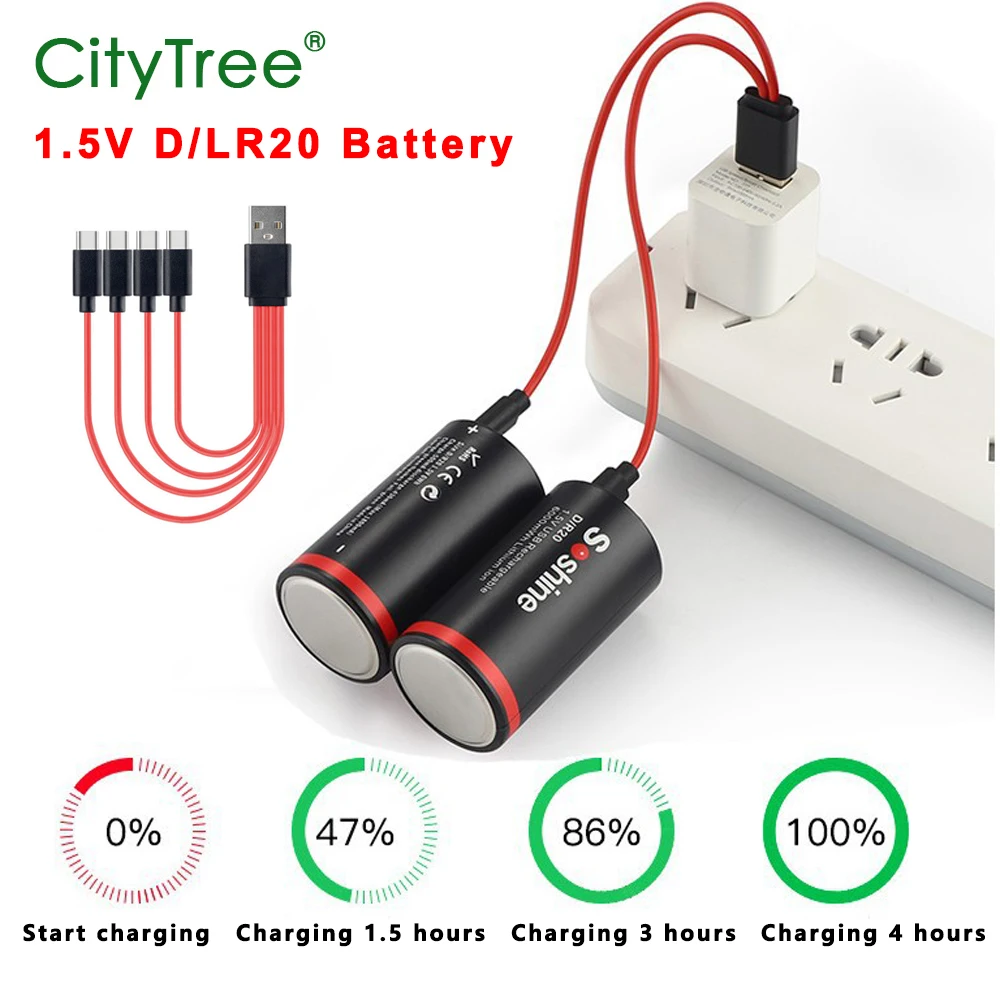 CityTree D Size Rechargeable Battery 1.5V 6000mWh LR20 USB Lithium-ion D-Cell Battery for Gas Cooker Water Heater Flashlight
CityTree D Size Rechargeable Battery 1.5V 6000mWh LR20 USB Lithium-ion D-Cell Battery for Gas Cooker Water Heater Flashlight