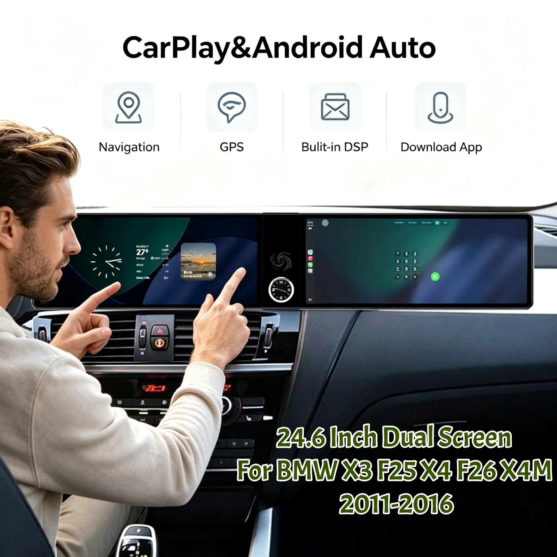 Android Car Radio Carplay Screen For BMW X3 F25 X4 F26 X4M 2011-2016 24.6" Dual Screen Multimedia Player GPS Navigation HeadUnit
Android Car Radio Carplay Screen For BMW X3 F25 X4 F26 X4M 2011-2016 24.6" Dual Screen Multimedia Player GPS Navigation HeadUnit