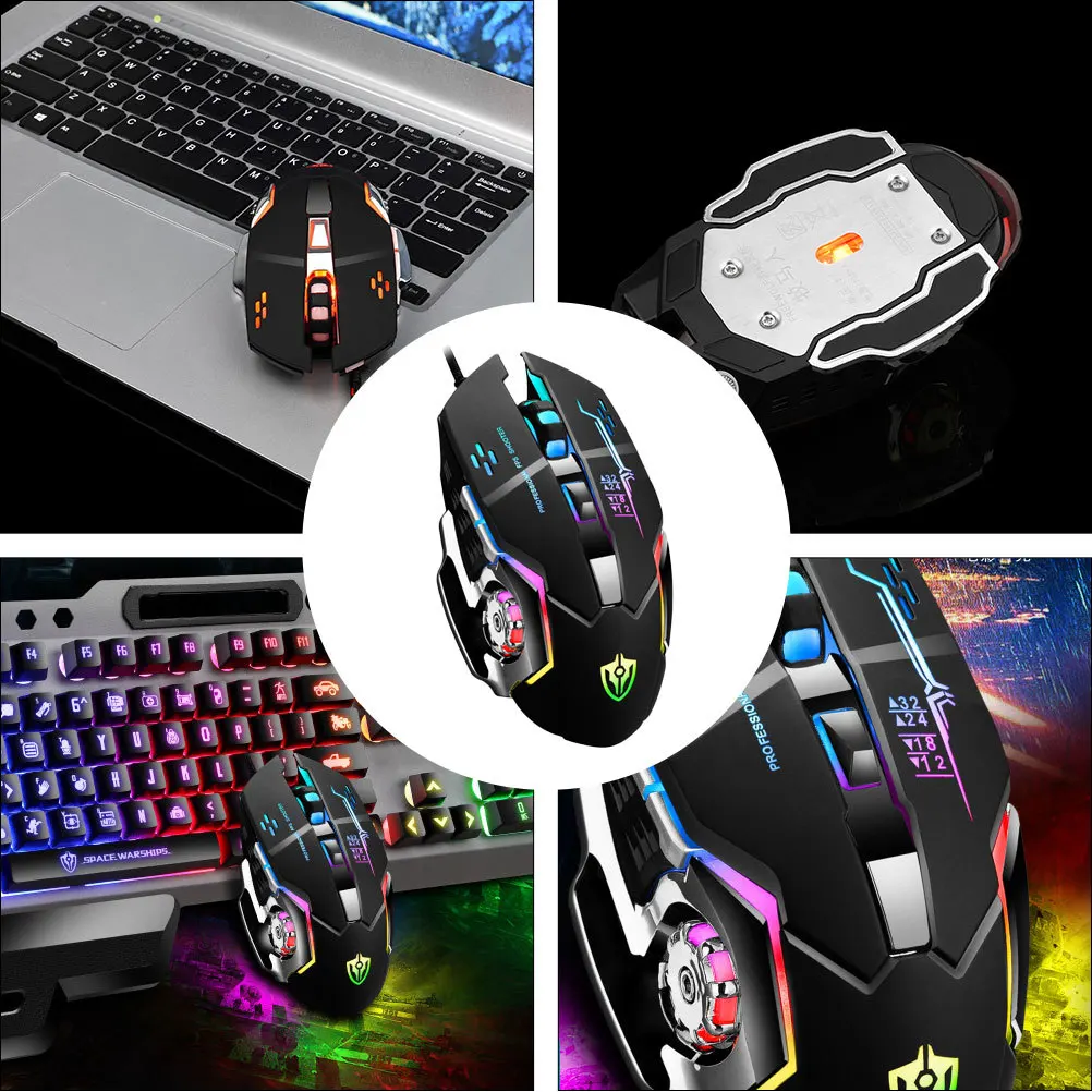 1pc Heavy Metal Luminous Gaming Mouse Black Dpi Adjustable Programmable Buttons Rgb Back Forward For Computer Game Office Use