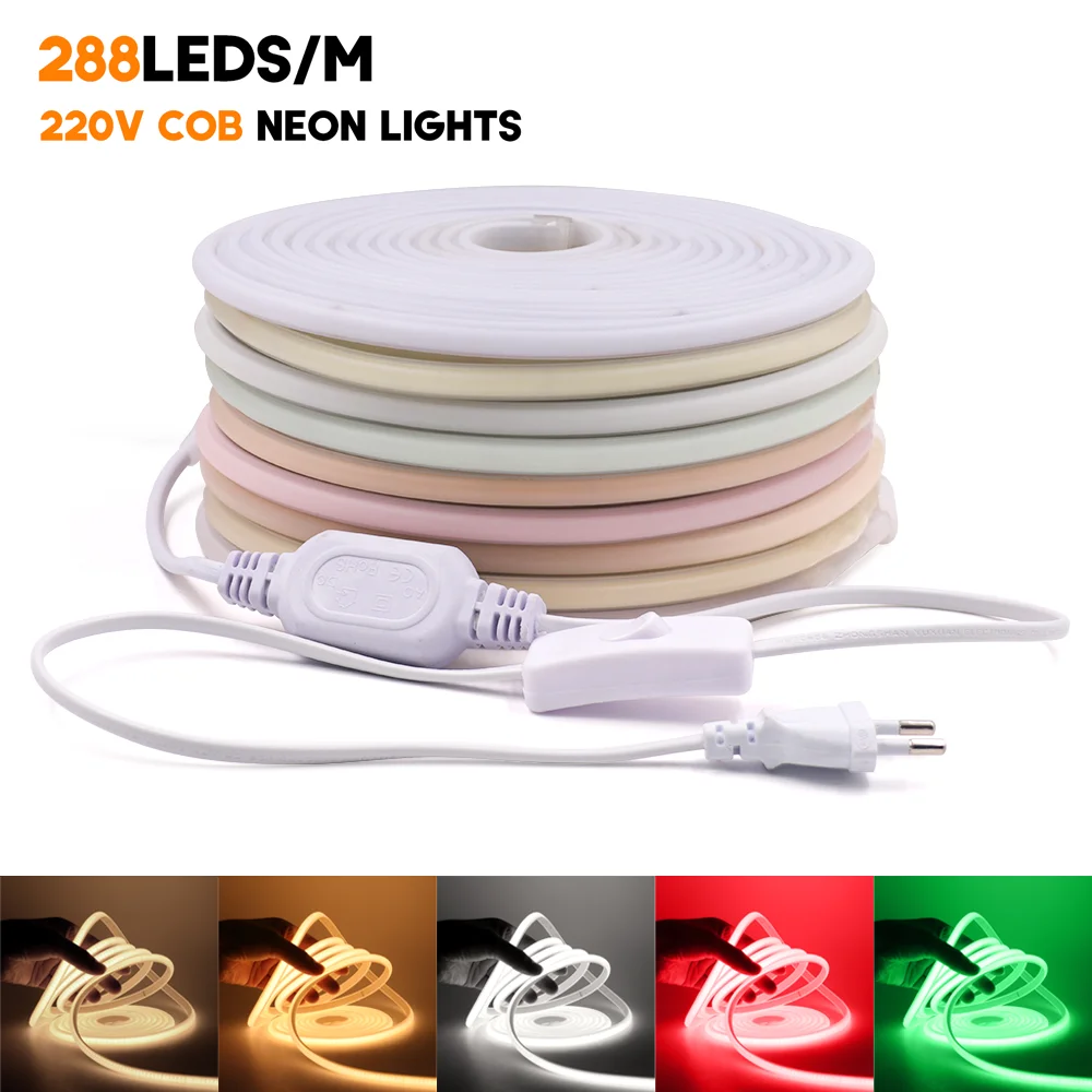 High Bright COB LED Strip Neon Light with Switch 288leds/M EU Plug RA90 FOB LED Tape Waterproof Ribbon Home Kitchen Room Decor
High Bright COB LED Strip Neon Light with Switch 288leds/M EU Plug RA90 FOB LED Tape Waterproof Ribbon Home Kitchen Room Decor