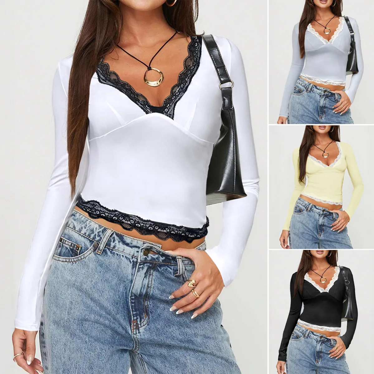 Весна и лето 202, трансграничная женская одежда, сладкий и пряный стиль, тонкое кружево контрастного цвета, v-образный вырез, Bm, с длинными рукавами
Весна и лето 202, трансграничная женская одежда, сладкий и пряный стиль, тонкое кружево контрастного цвета, v-образный вырез, Bm, с длинными рукавами