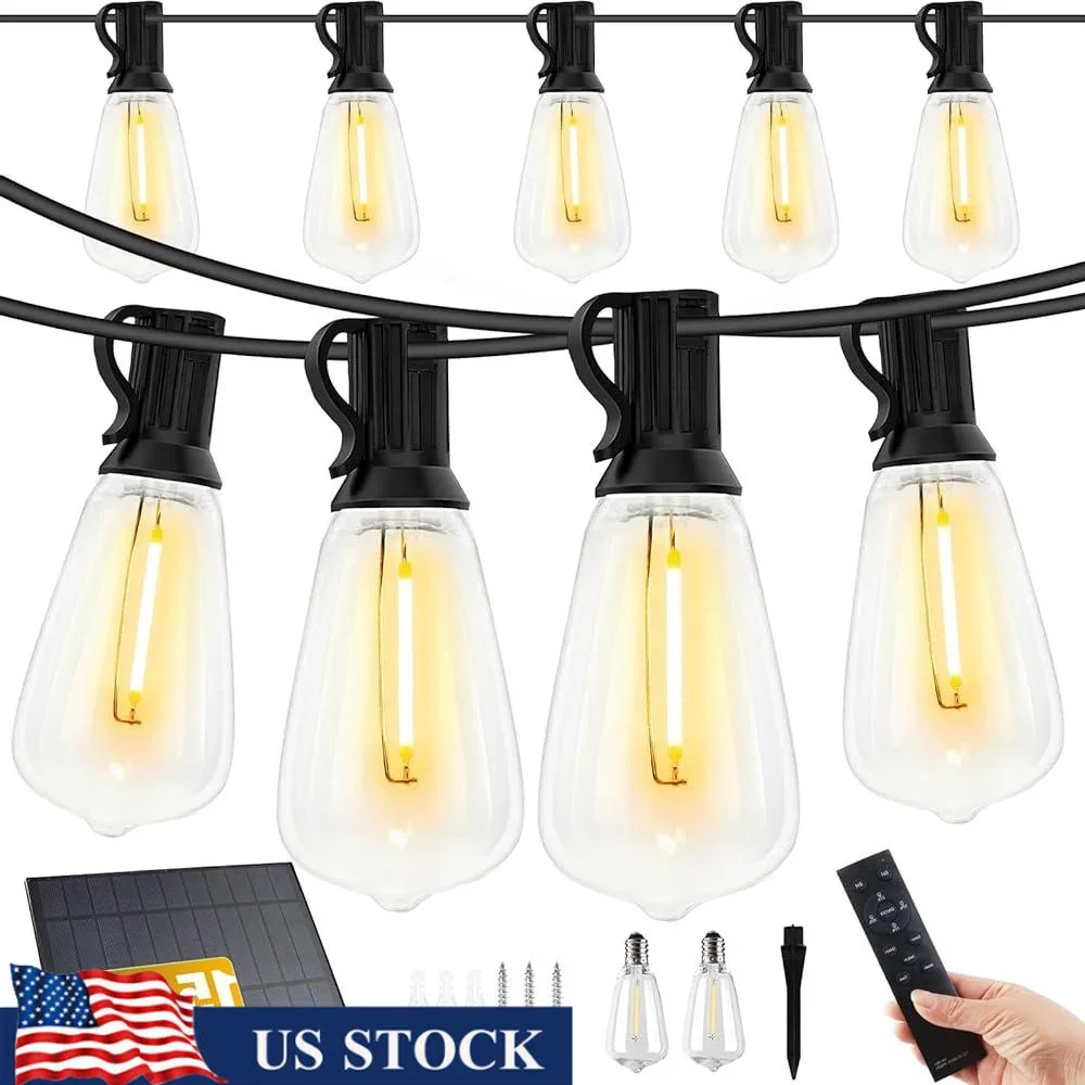 150 футов солнечные гирлянды для улицы, водонепроницаемые, с регулируемой яркостью, 52 небьющиеся лампы Эдисона ST38, таймер с дистанционным управлением, энергия 
150 футов солнечные гирлянды для улицы, водонепроницаемые, с регулируемой яркостью, 52 небьющиеся лампы Эдисона ST38, таймер с дистанционным управлением, энергия