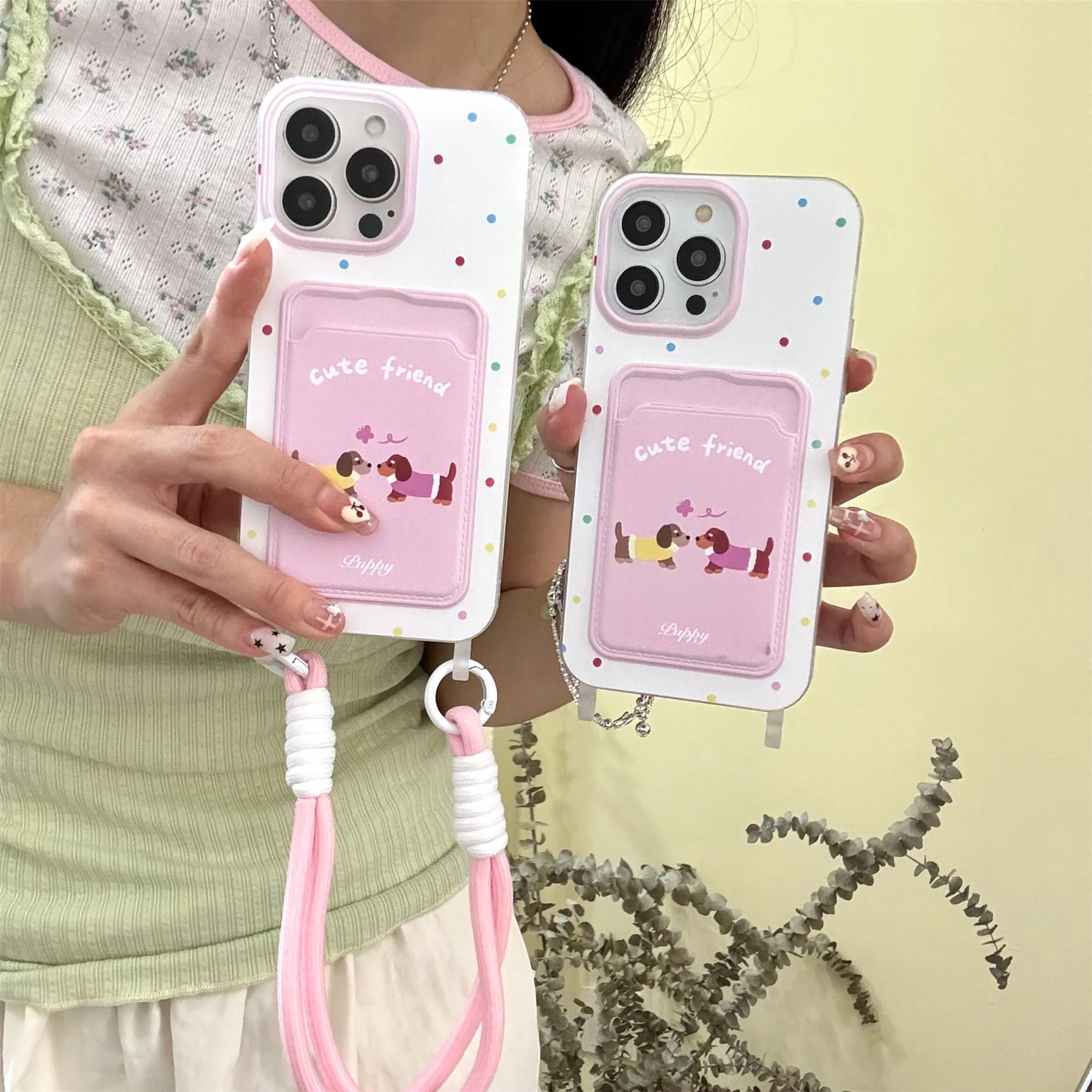 Korean Cute Wave Point Puppy Card Bag Phone Case with Strap Rope Bracelet for iPhone 15 14 13 12 Pro Max Shockproof Back Cover
Korean Cute Wave Point Puppy Card Bag Phone Case with Strap Rope Bracelet for iPhone 15 14 13 12 Pro Max Shockproof Back Cover