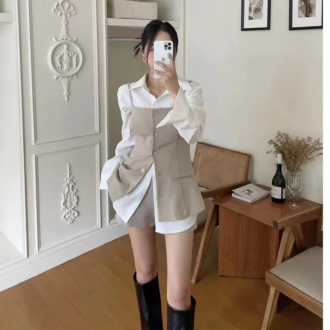 Korean Sle Autumn New Loose Long Sve irt + Single Button Suit Collar Tank Top Faionable Classy Ne Two Piece Set
Korean Sle Autumn New Loose Long Sve irt + Single Button Suit Collar Tank Top Faionable Classy Ne Two Piece Set