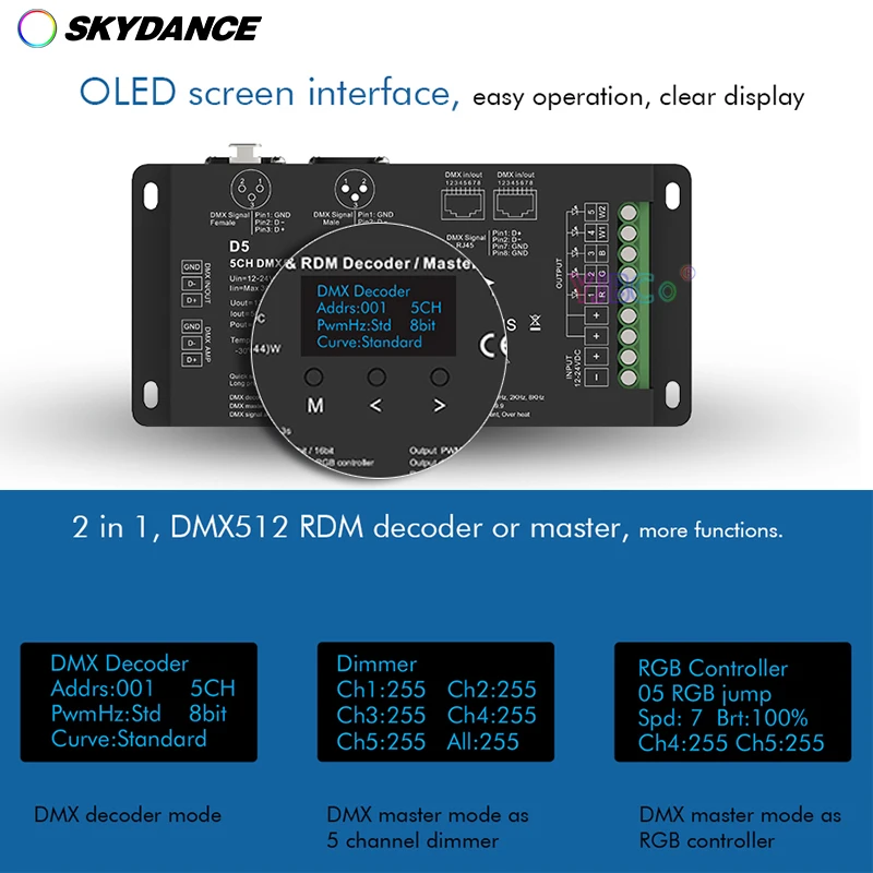 12 В-24 В постоянного тока 6 А * 5 каналов DMX 512 светодиодный контроллер RBGWC RDM декодер для RGB + CCT светодиодный ленты XLR3 RJ45 OLED дисплей 4- PWM RDM 8/16 бит
12 В-24 В постоянного тока 6 А * 5 каналов DMX 512 светодиодный контроллер RBGWC RDM декодер для RGB + CCT светодиодный ленты XLR3 RJ45 OLED дисплей 4- PWM RDM 8/16 бит