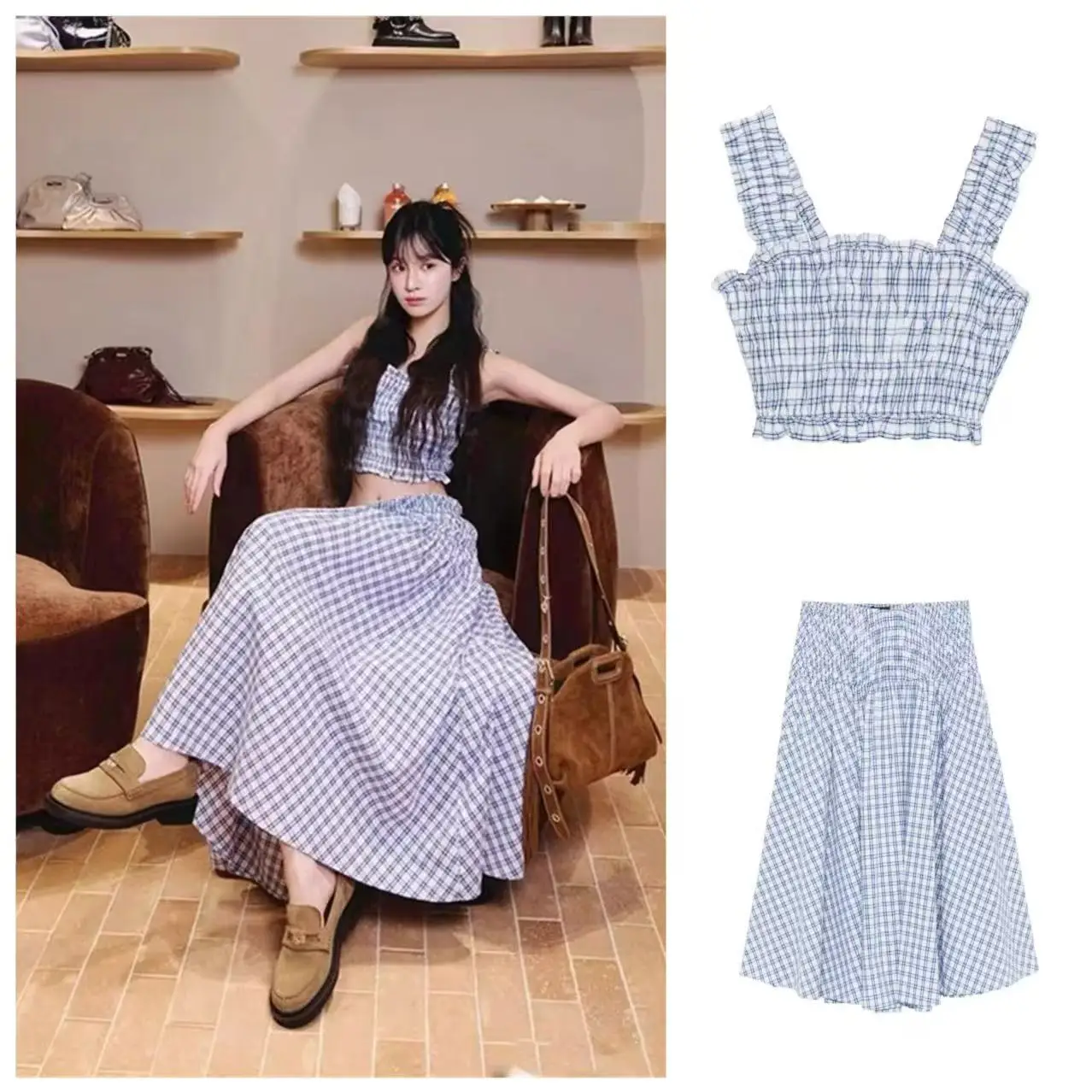 Blue Plaid Strap Long Skirt Set Beautiful Spring Outfit for Bloggers High Waist Cotton A-Line Skirt with Elastic Waistband
Blue Plaid Strap Long Skirt Set Beautiful Spring Outfit for Bloggers High Waist Cotton A-Line Skirt with Elastic Waistband