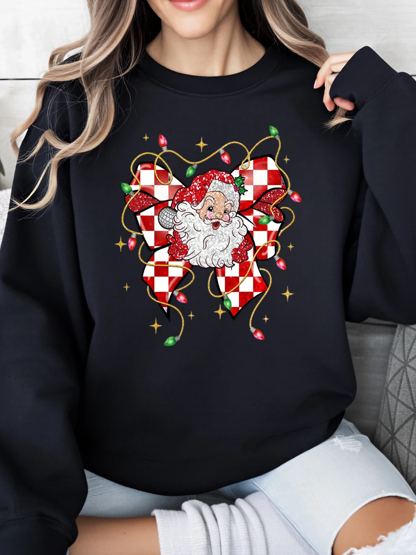 Толстовка с клетчатым бантом Санта-Клауса и рождественским принтом, женская праздничная повседневная одежда, черный, больших размеров
Толстовка с клетчатым бантом Санта-Клауса и рождественским принтом, женская праздничная повседневная одежда, черный, больших размеров