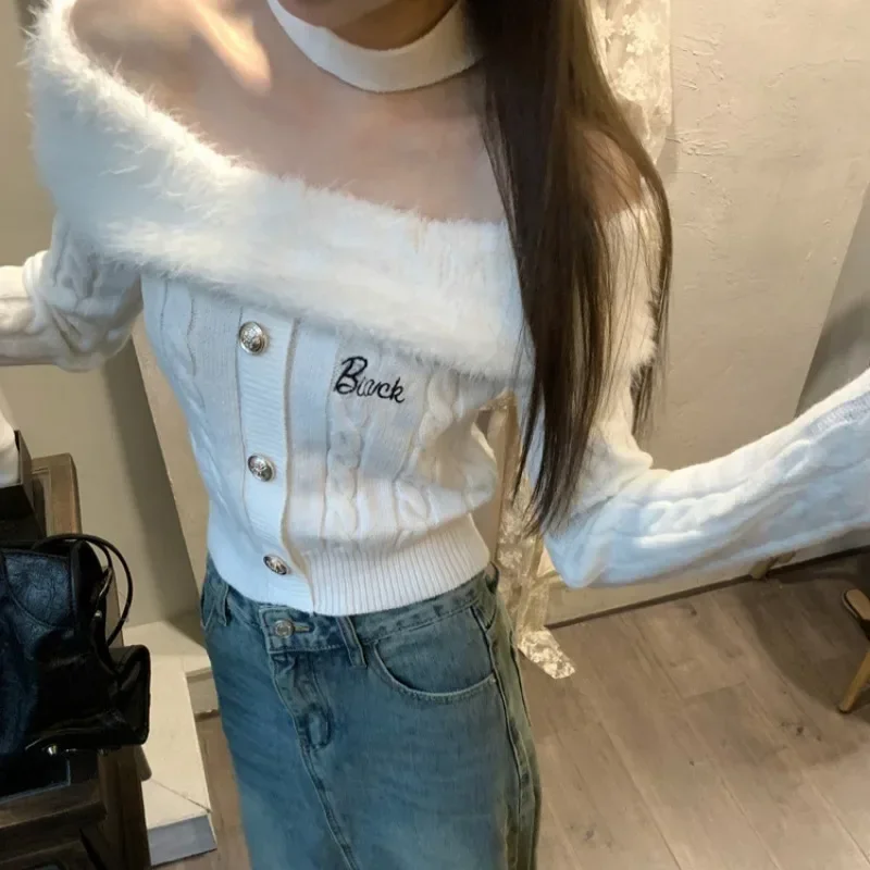 Autumn Winter Y2k Aesthetic Fluffy Sweater Slash Neck Off Shoulder Elegant Halter Crop Top Vintage Casual Fashion Pullover Women
Autumn Winter Y2k Aesthetic Fluffy Sweater Slash Neck Off Shoulder Elegant Halter Crop Top Vintage Casual Fashion Pullover Women