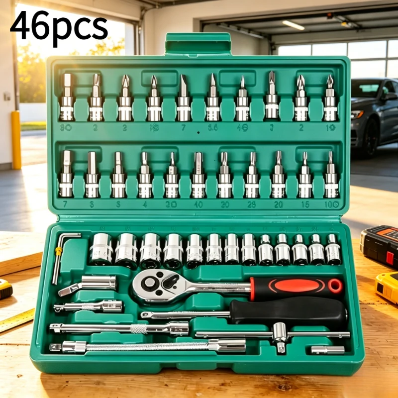 Green 46Pcs Ratchet Socket Tool Set, Durable 1/4 Inch Repair Kit for Car Maintenance and Household DIY Tasks
Green 46Pcs Ratchet Socket Tool Set, Durable 1/4 Inch Repair Kit for Car Maintenance and Household DIY Tasks