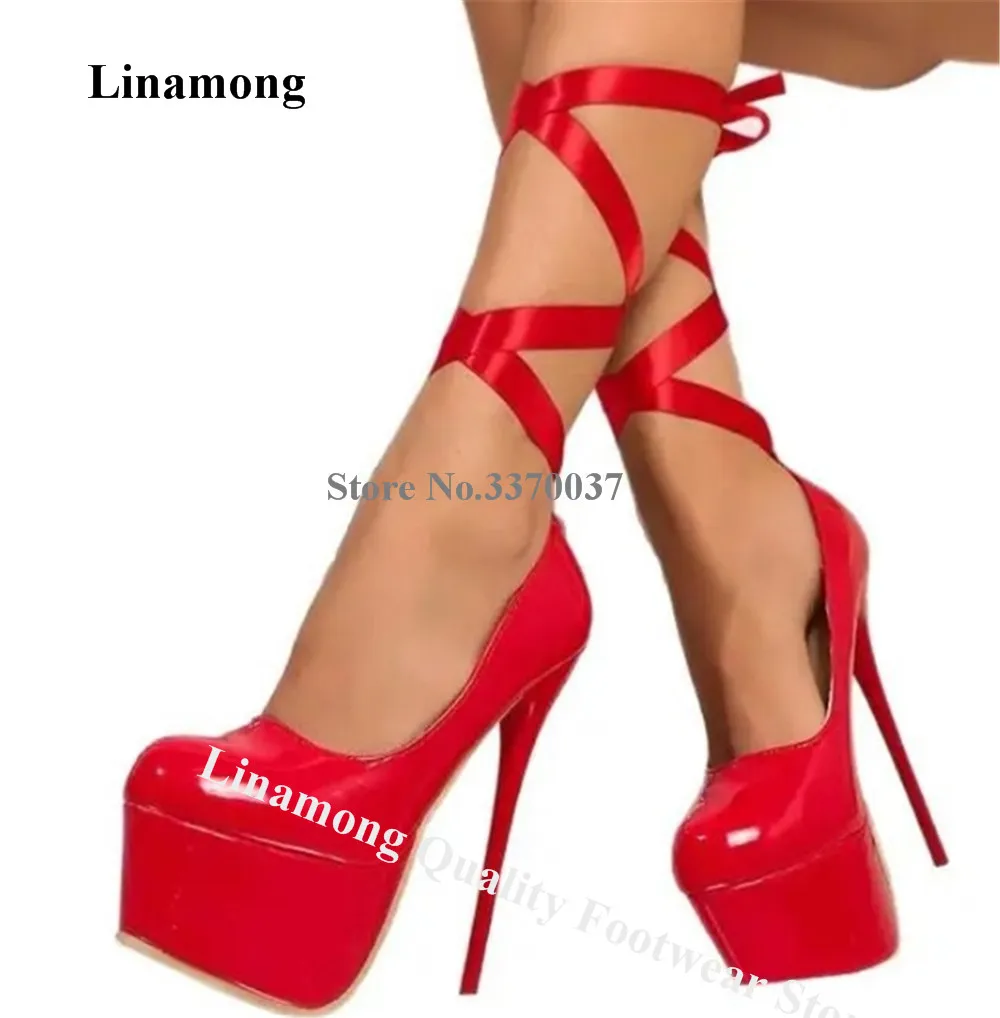 Linamong Sexy Strappy Cross Stiletto Heel Pumps Round Toe Red Black Patent Leather Lace-up High Platform Thin Heel Party Shoes
Linamong Sexy Strappy Cross Stiletto Heel Pumps Round Toe Red Black Patent Leather Lace-up High Platform Thin Heel Party Shoes