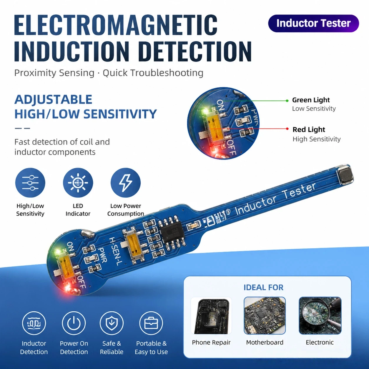 Adjustable High/Low Sensitivity Inductor Tester with LED Indicator for Phone Motherboard Repair
Adjustable High/Low Sensitivity Inductor Tester with LED Indicator for Phone Motherboard Repair