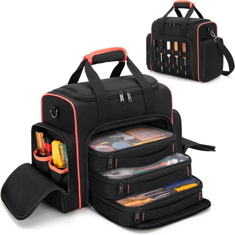 Tool Bag with 3 Removable Cases, 2 Layers Tool Tote or Hand Tools, Black with Red Binding
Tool Bag with 3 Removable Cases, 2 Layers Tool Tote or Hand Tools, Black with Red Binding