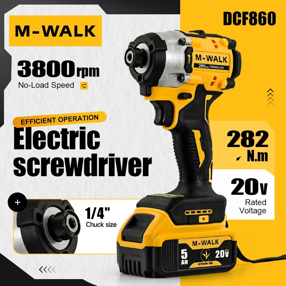 M-WALK DCF860 Cordless Screwdriver Brushless 285N.m Electric Impact Driver Electric Drill Power Tools For Dewalt 20V Battery Pin
M-WALK DCF860 Cordless Screwdriver Brushless 285N.m Electric Impact Driver Electric Drill Power Tools For Dewalt 20V Battery Pin