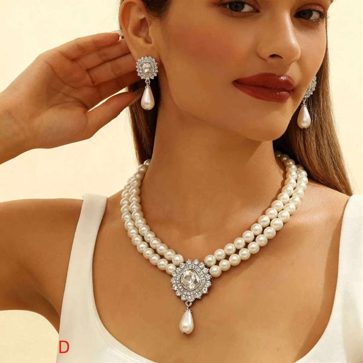 Double Strand Pearl Necklace Earrings Set with Crystal Pendant Elegant Bridal Statement Jewelry
Double Strand Pearl Necklace Earrings Set with Crystal Pendant Elegant Bridal Statement Jewelry