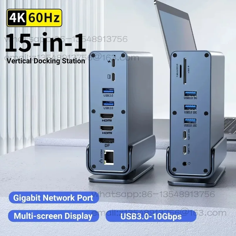 Type-C Vertical MST Multi-screen Display Docking Station 15 in 1 4K60Hz 10Gbps Notebook Docking Station Spot
Type-C Vertical MST Multi-screen Display Docking Station 15 in 1 4K60Hz 10Gbps Notebook Docking Station Spot