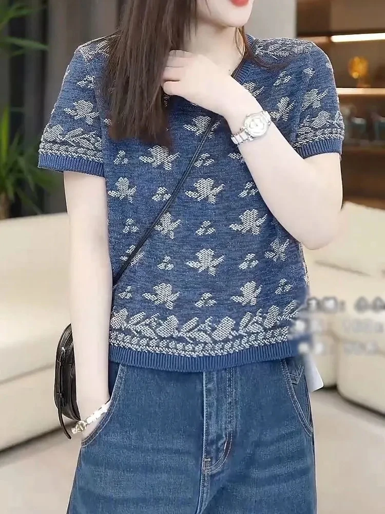 Винтажный пуловер с короткими рукавами и принтом, женский летний модный универсальный свитер с круглым вырезом 2025, простой повседневный укороченный топ
Винтажный пуловер с короткими рукавами и принтом, женский летний модный универсальный свитер с круглым вырезом 2025, простой повседневный укороченный топ