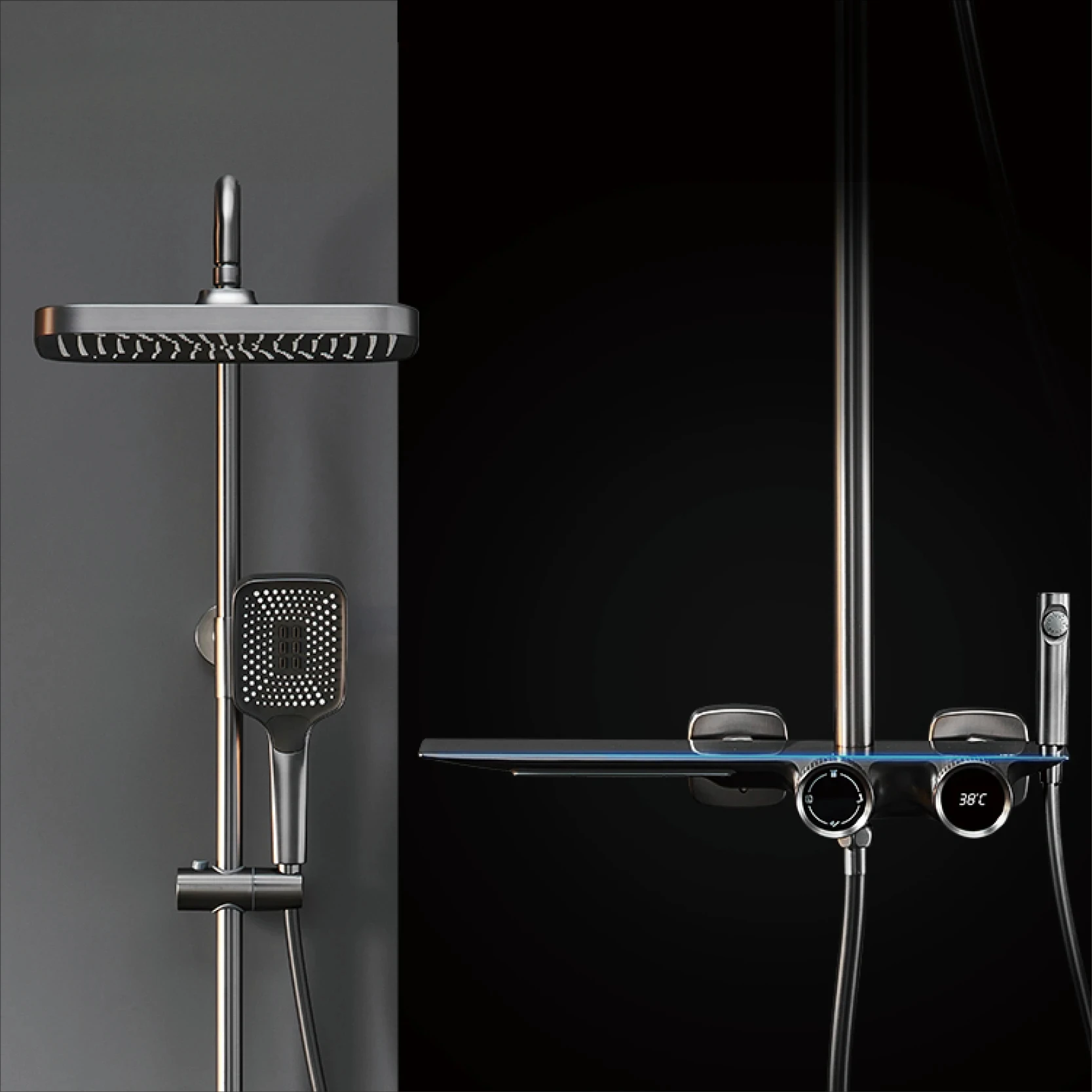 Luxury gun gray brass bathroom shower system digital display design waterfall water outlet cold & hot dual control shower Tap
Luxury gun gray brass bathroom shower system digital display design waterfall water outlet cold & hot dual control shower Tap