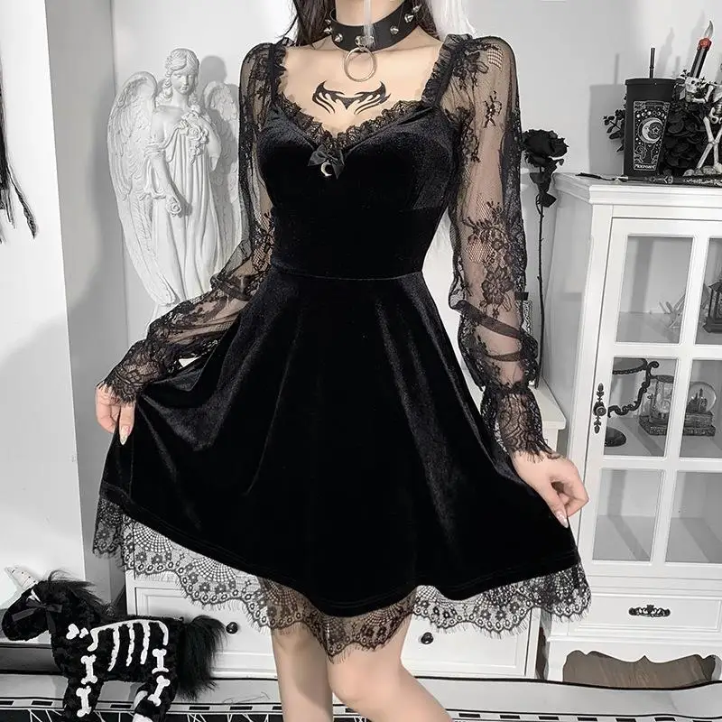 SKMY Halloween Women Clothing Winter Fashion Lace Patchwork Long Sleeve Ruffled Hem High Waist Slimming Casual Party Dresses
SKMY Halloween Women Clothing Winter Fashion Lace Patchwork Long Sleeve Ruffled Hem High Waist Slimming Casual Party Dresses