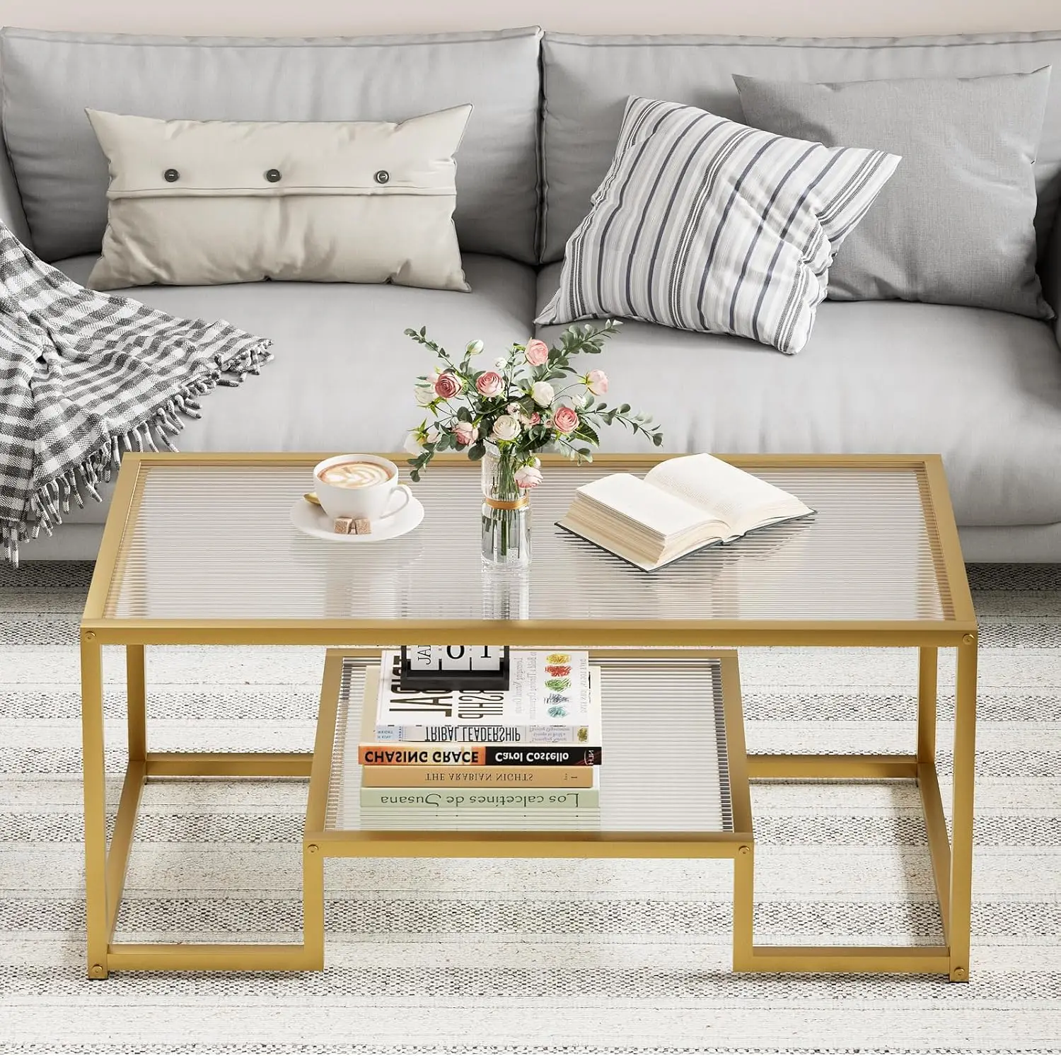 Gold Glass Coffee Table with Ribbed Top and Metal Frame, Modern 2-Tier Design for Living Room or Office
Gold Glass Coffee Table with Ribbed Top and Metal Frame, Modern 2-Tier Design for Living Room or Office