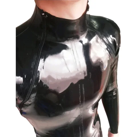 Chloritinated Latex Male Shoulder Zip Catsuit Double Diagonal Zipper Rubber Bodysuits