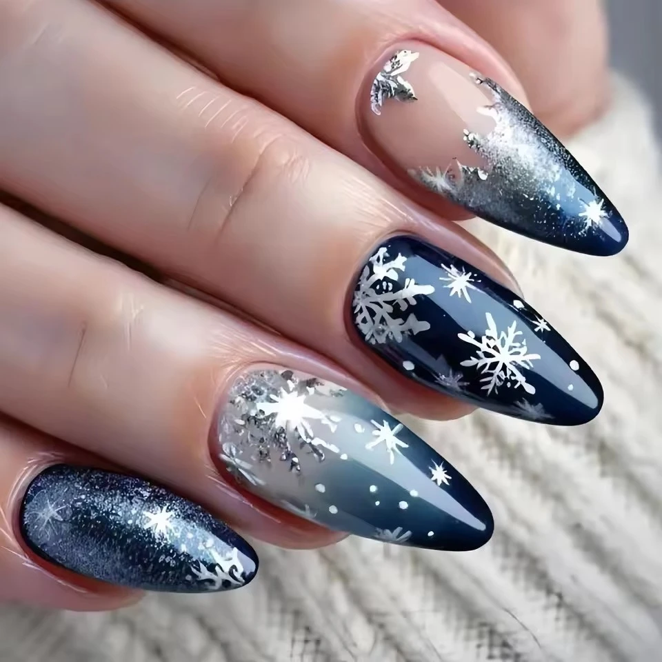 Gradient Blue Almond Fake Nails 24Pcs Christmas Nails Press On Acrylic False Nails Snowflake Printed Women Charm Manicure
Gradient Blue Almond Fake Nails 24Pcs Christmas Nails Press On Acrylic False Nails Snowflake Printed Women Charm Manicure