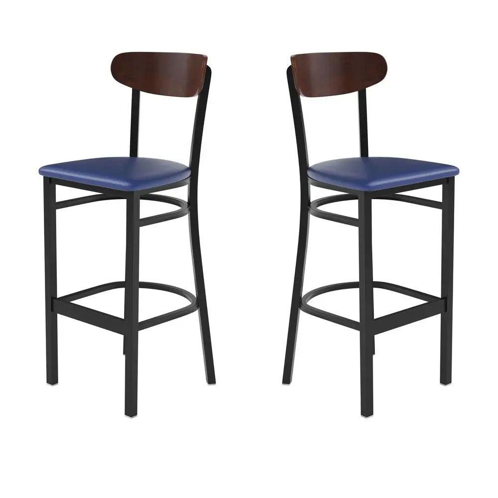 Wright Set of 2 Commercial Barstools Walnut Wood Boomerang Back Blue Vinyl Seat 500 LB. Capacity Black Steel Frame Integrated F
Wright Set of 2 Commercial Barstools Walnut Wood Boomerang Back Blue Vinyl Seat 500 LB. Capacity Black Steel Frame Integrated F