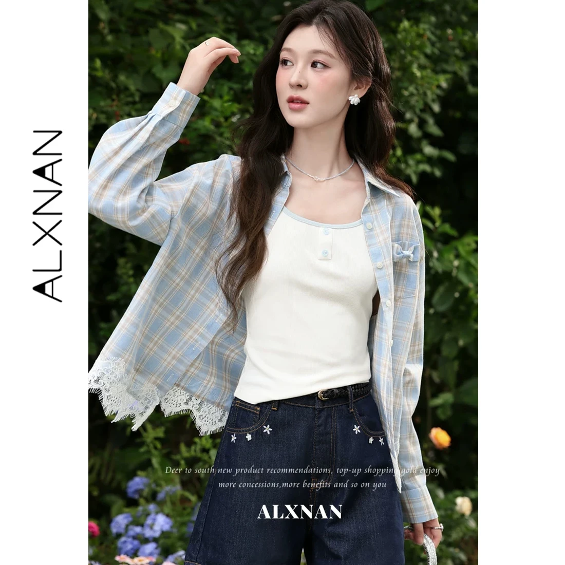 ALXNAN Blue Plaid Shirt Women 2026 Summer Lace Splicing Long Sleeve Blouse Pocket Bow Design Casual Elegant Top Ladies L63810
ALXNAN Blue Plaid Shirt Women 2026 Summer Lace Splicing Long Sleeve Blouse Pocket Bow Design Casual Elegant Top Ladies L63810