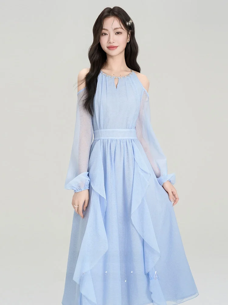 Summer New Blue Off-Shoulder Neck Hanging Long Dress with Pleated Waist High Waist A-Line Skirt Regular Sleeve Women's Dress
Summer New Blue Off-Shoulder Neck Hanging Long Dress with Pleated Waist High Waist A-Line Skirt Regular Sleeve Women's Dress