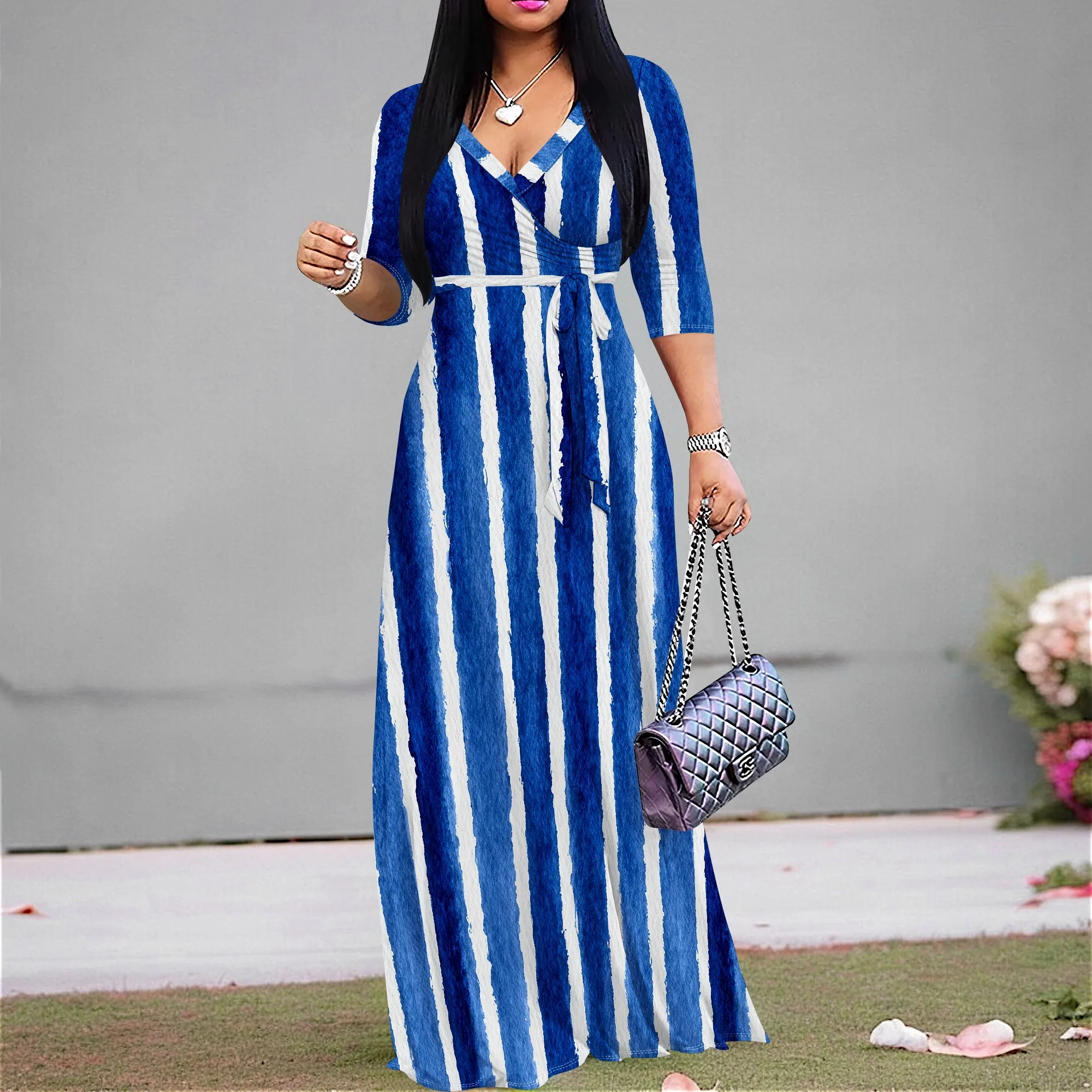 Women's Stripe Print Maxi Dress V-Neck High Waist Long Dress 3/4 Sleeve Casual Day Wear XS-3XL
Women's Stripe Print Maxi Dress V-Neck High Waist Long Dress 3/4 Sleeve Casual Day Wear XS-3XL