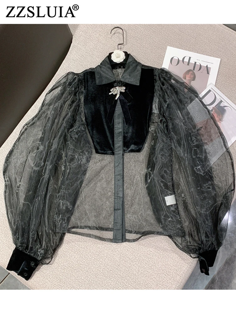 ZZSLUIA Vintage Blouses For Women Retro Palace Velvet Patchwork Bow Brooch Designer Loose Shirts Fashion Lantern Sleeve Tops
ZZSLUIA Vintage Blouses For Women Retro Palace Velvet Patchwork Bow Brooch Designer Loose Shirts Fashion Lantern Sleeve Tops