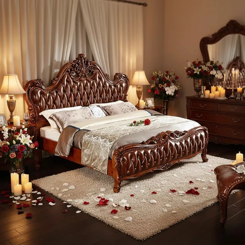 # European Royal Luxury Solid Wood Frame Bed Set With Leather For Bedroom Use
# European Royal Luxury Solid Wood Frame Bed Set With Leather For Bedroom Use