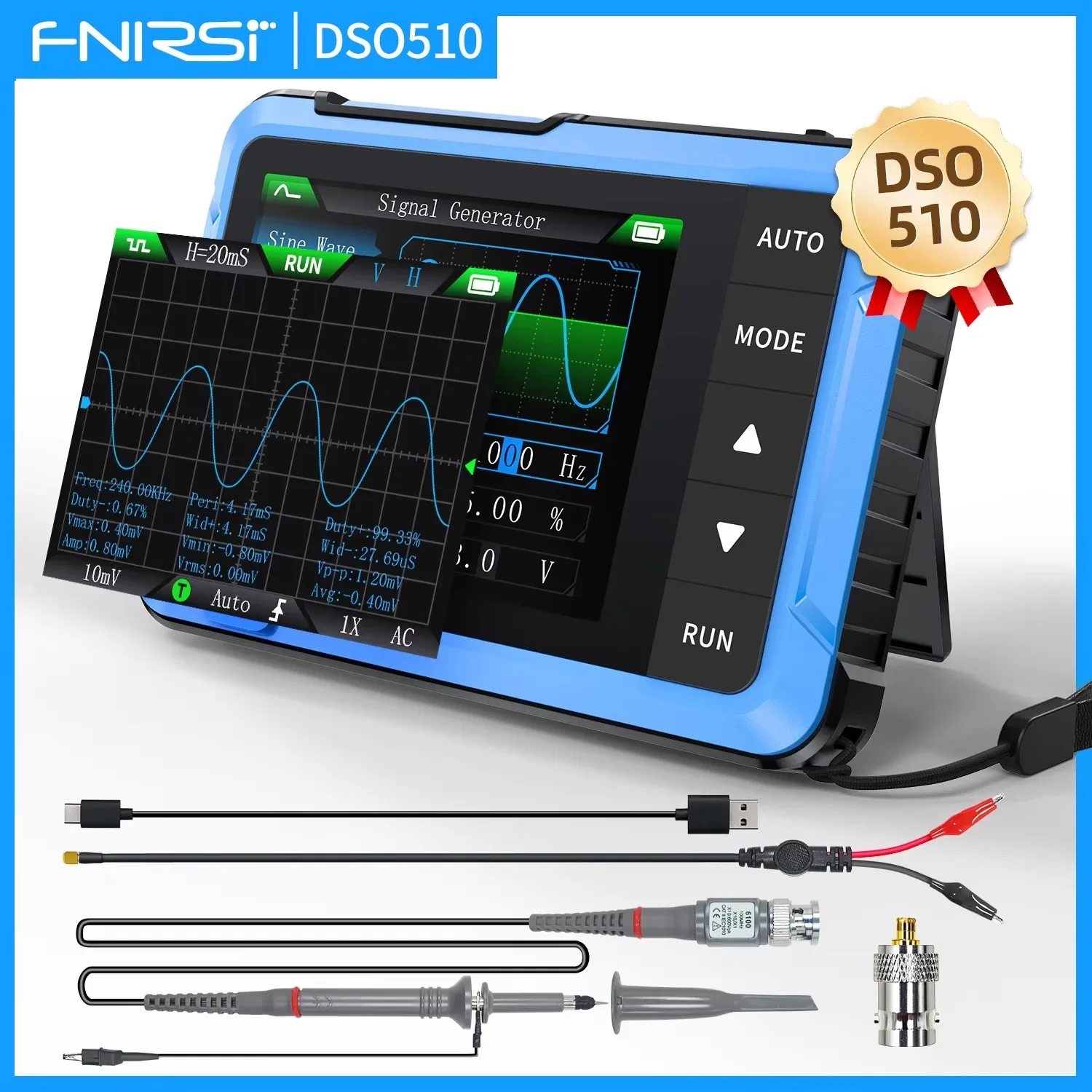 FNIRSI DSO510 Mini Handheld Digital 2 IN 1 Oscilloscope 48MS/s 10MHz Signal Generator 50KHz Bandwidth Electronic Repair Tool
FNIRSI DSO510 Mini Handheld Digital 2 IN 1 Oscilloscope 48MS/s 10MHz Signal Generator 50KHz Bandwidth Electronic Repair Tool