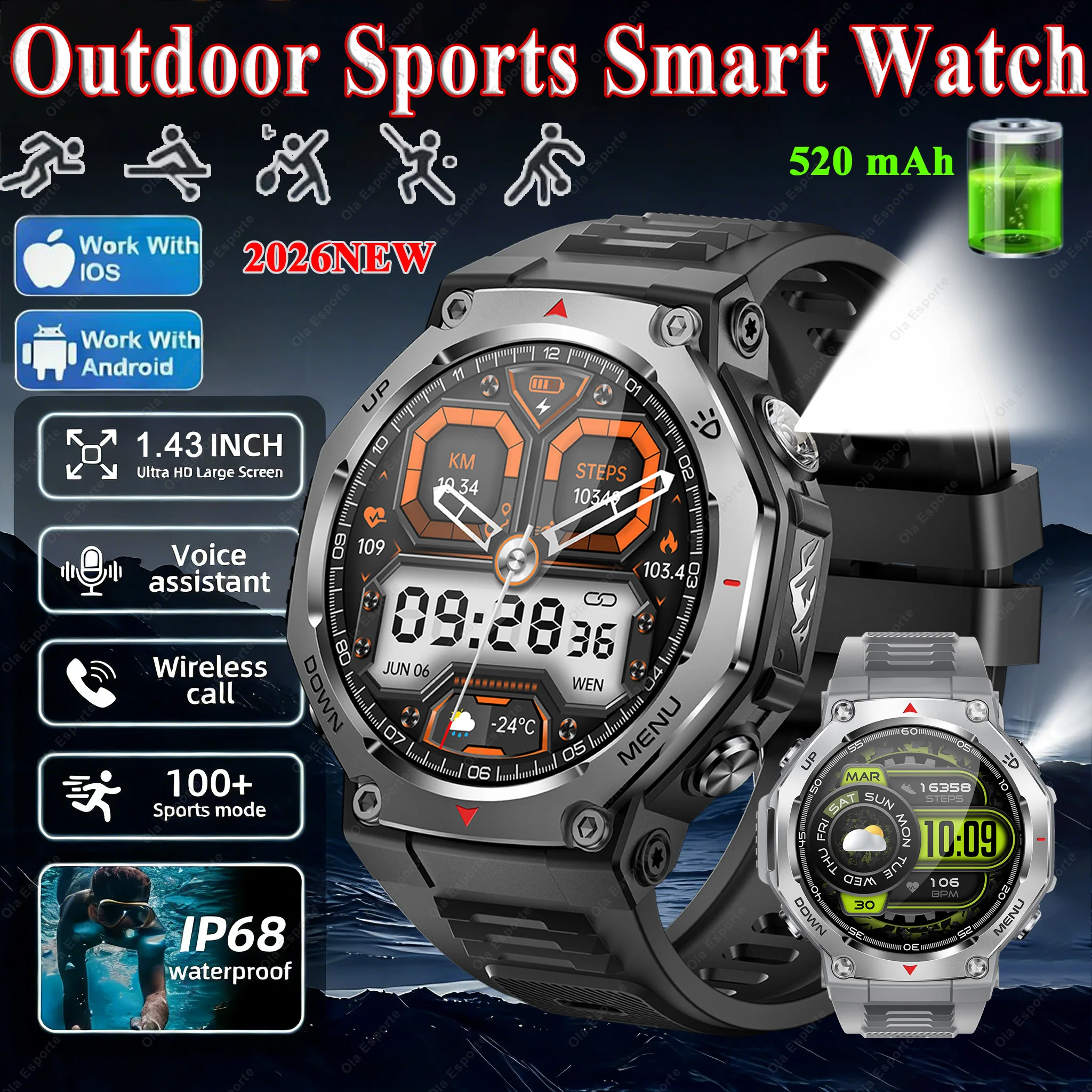 Outdoor Sports Smart Watch Military 520mAh LED Flashlight BT Call Fitness Tracking Watch Health Monitoring Heart Rate Smartwatch
Outdoor Sports Smart Watch Military 520mAh LED Flashlight BT Call Fitness Tracking Watch Health Monitoring Heart Rate Smartwatch