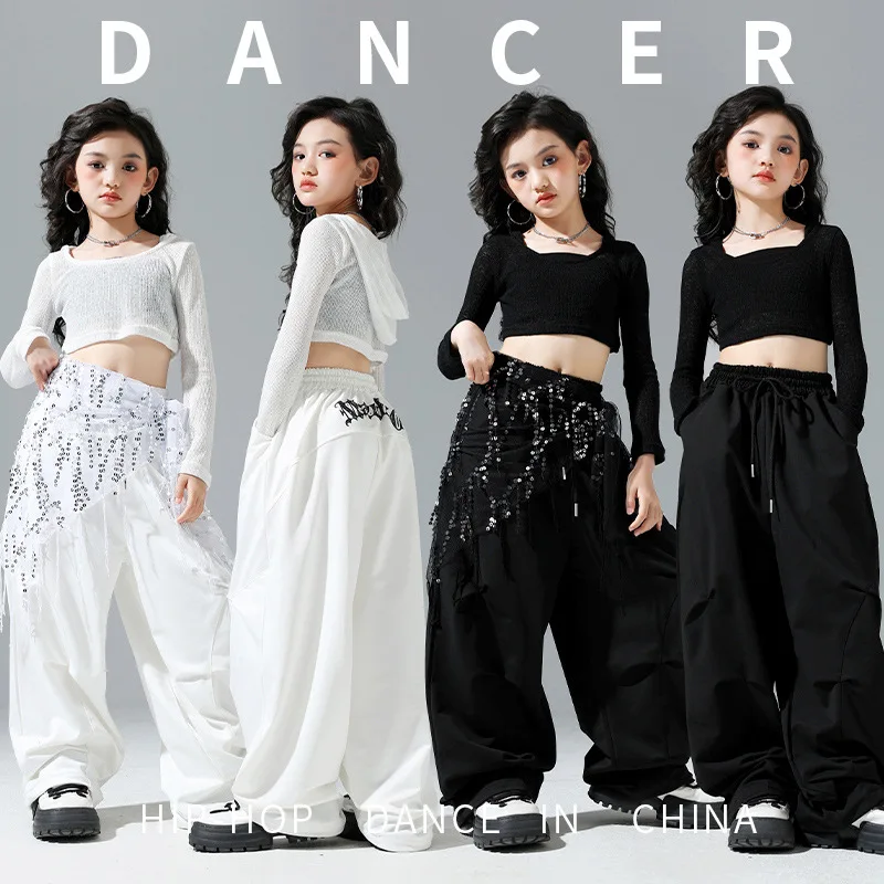Kid Hip Hop Clothing White Black Transparent Smock Hoodie Crop Top Casual Parachute Pants for Girl Jazz Dance Costumes Clothes 
Kid Hip Hop Clothing White Black Transparent Smock Hoodie Crop Top Casual Parachute Pants for Girl Jazz Dance Costumes Clothes