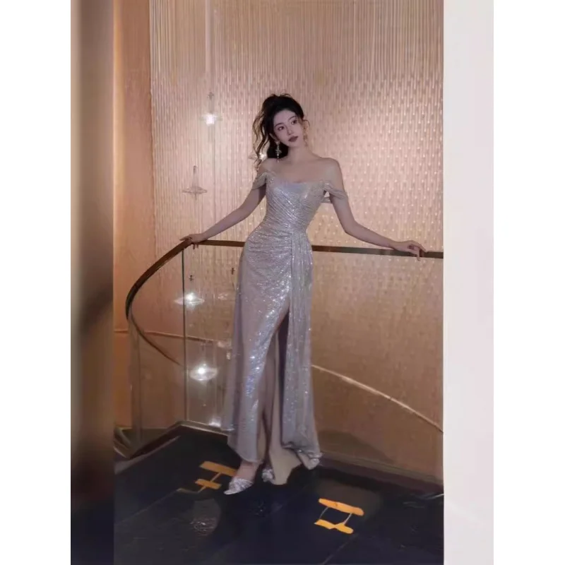 Elegant off-shoulder trendy fashion silver gray bridal Bake performance host wedding evening dress
Elegant off-shoulder trendy fashion silver gray bridal Bake performance host wedding evening dress